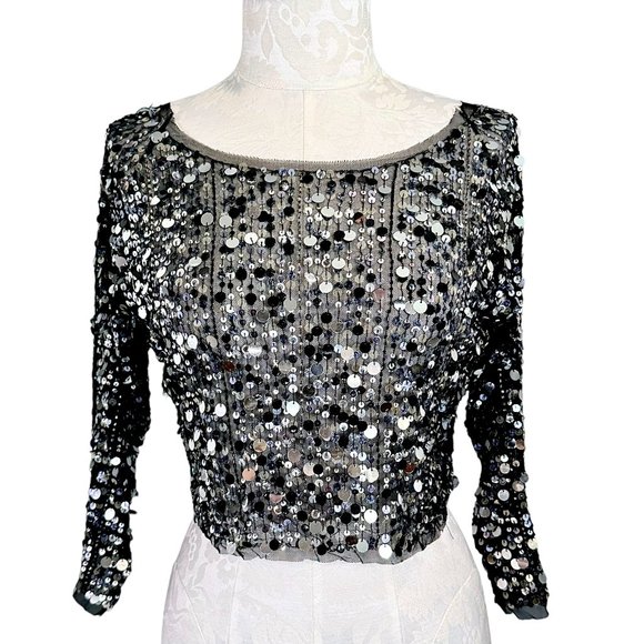 havenbleu Tops - havenbleu Black Sheer Silver Sequin Cropped Long Sleeve Top Small